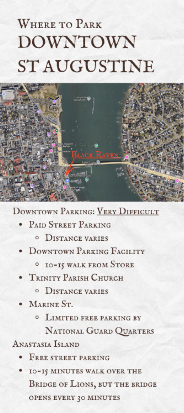 Map and parking information for downtown St. Augustine, noting difficulty and options like street parking.